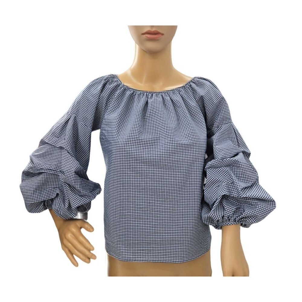 Favori Top‎ Sz S 4 6 EU 38 Balloon Ruffle 3/4 Drop Sleeve Cropped Gingham Blue